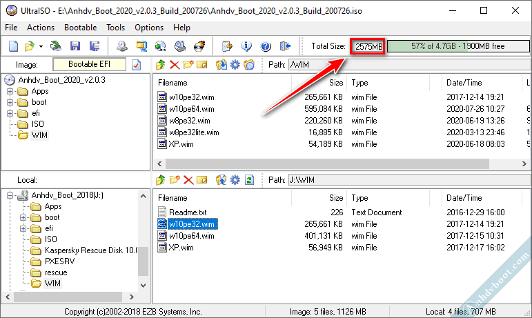 Kiểm tra dung lượng Anhdv Boot sau khi tùy chỉnh.