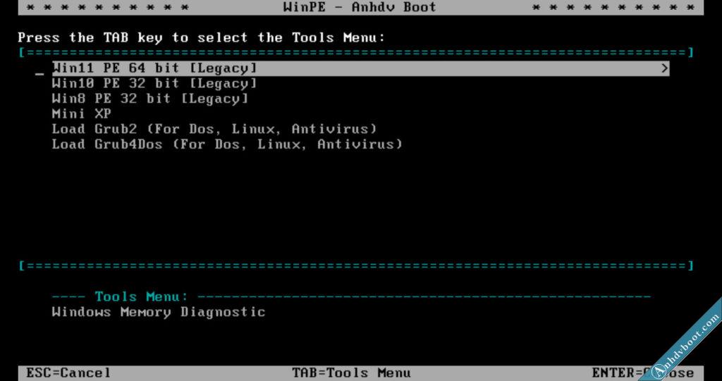 Boot menu Anhdv Boot 2022 Premium ở chế độ Legacy