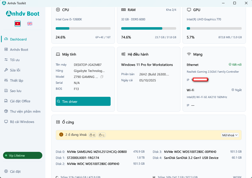 Giao diện Dashboard của Anhdv Toolkit hiển thị thông tin CPU, RAM, ổ cứng