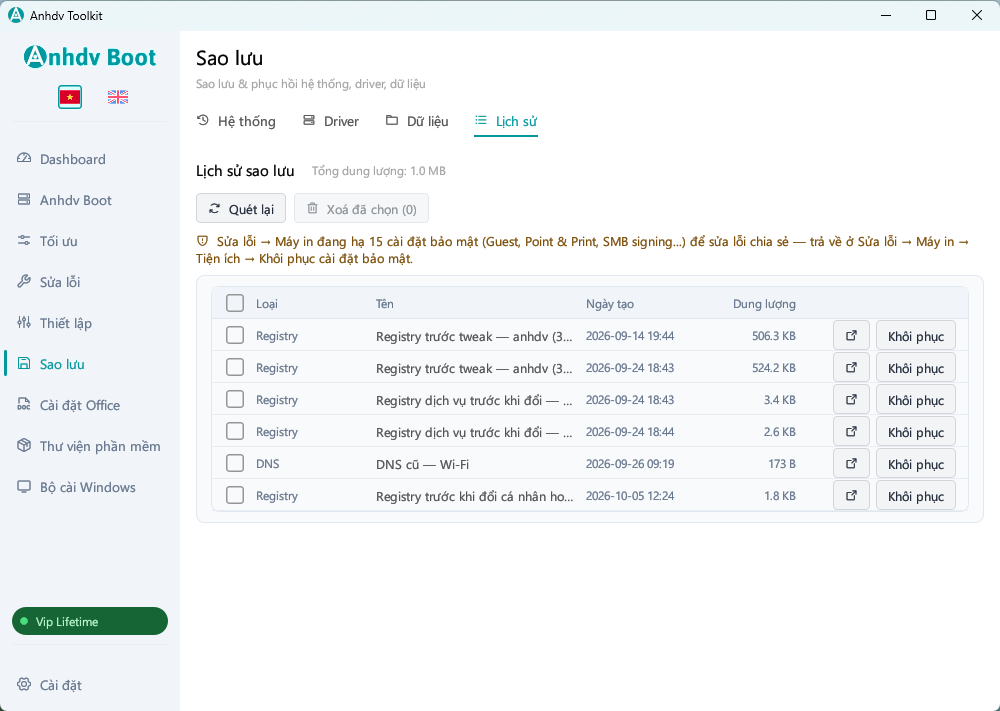 Lịch sử sao lưu và khôi phục cài đặt trong Anhdv Toolkit