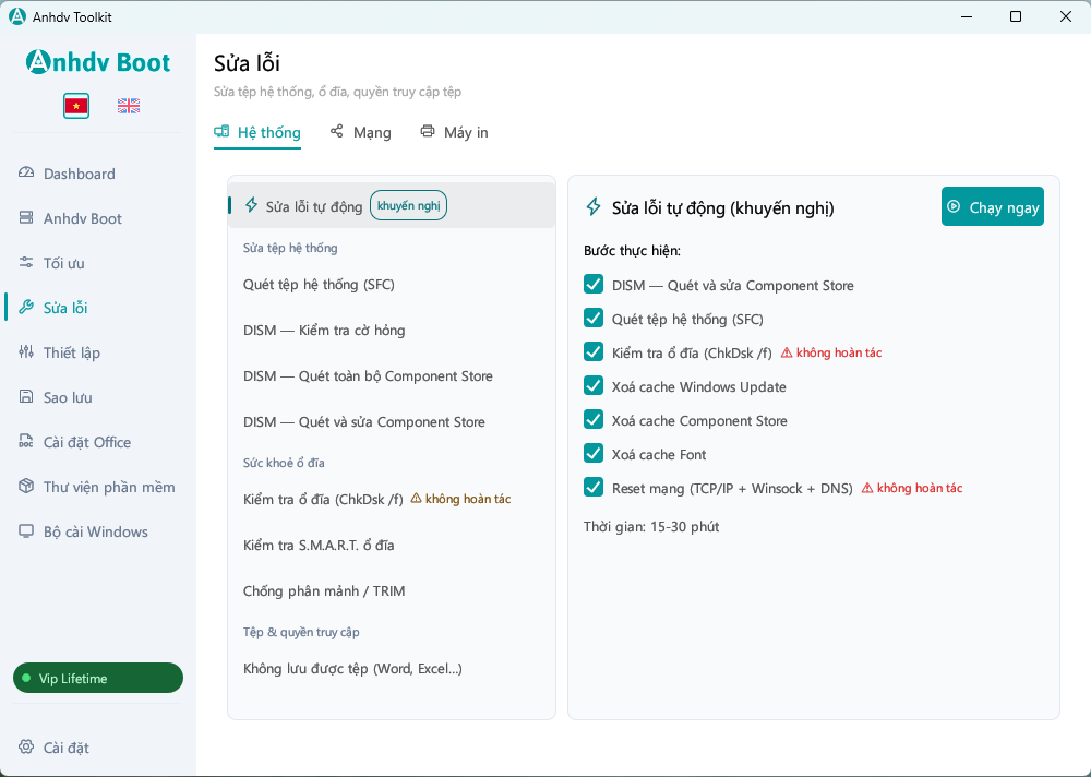 Sửa lỗi Windows tự động bằng DISM, SFC trong Anhdv Toolkit