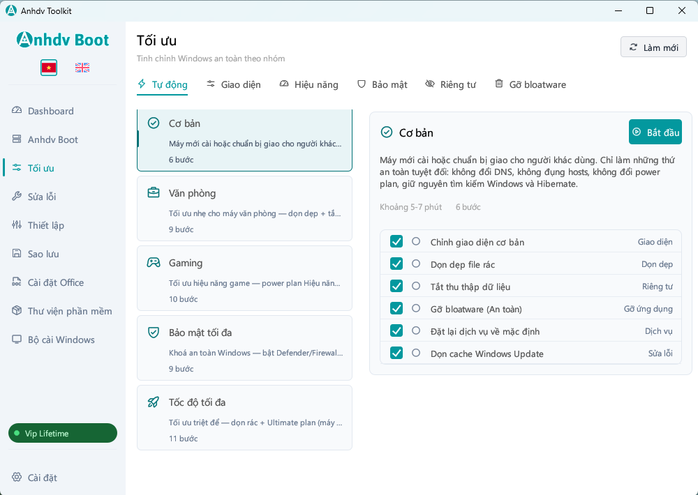 Tối ưu Windows tự động theo hồ sơ trong Anhdv Toolkit